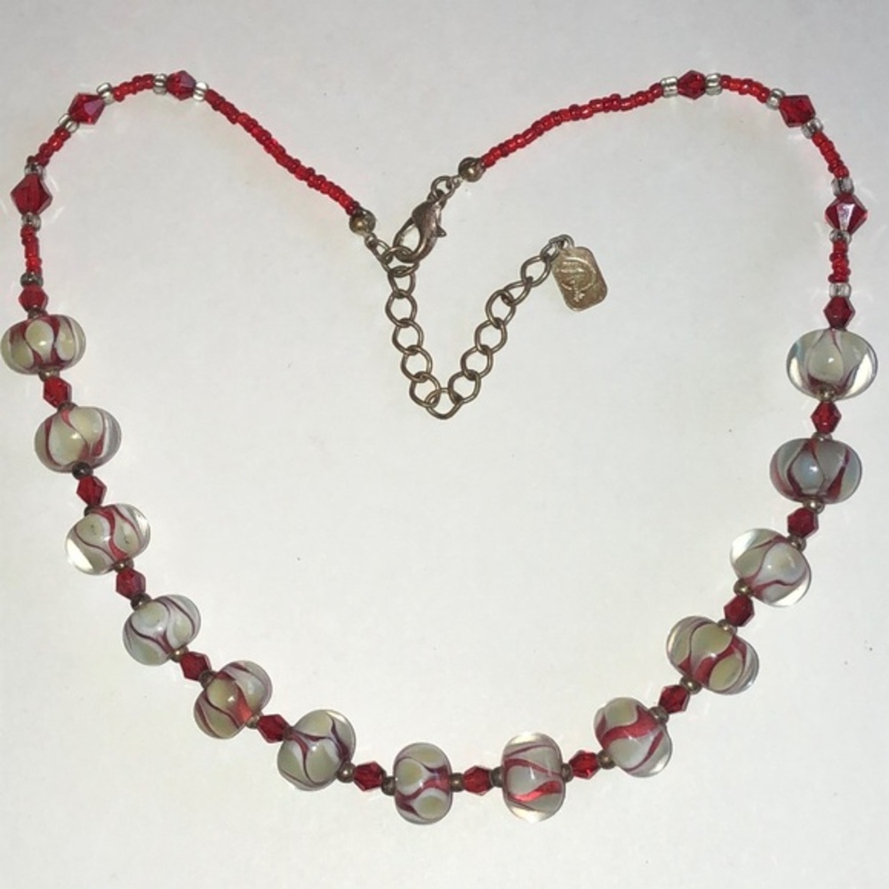 Elegant Red and White Clear Glass Beaded Boho Necklace